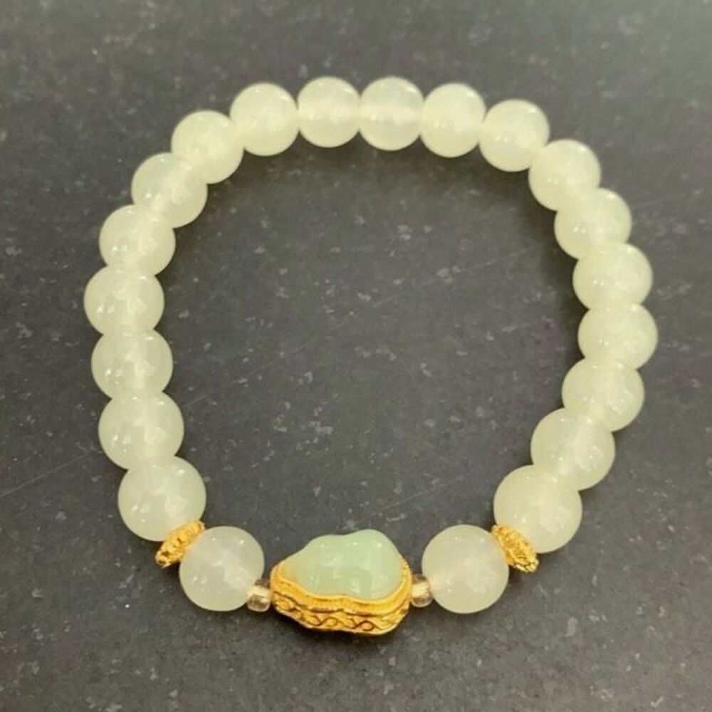 Asian Style Green Beaded Healing Stretch Bracelet, Simulated Jade or Aventurine